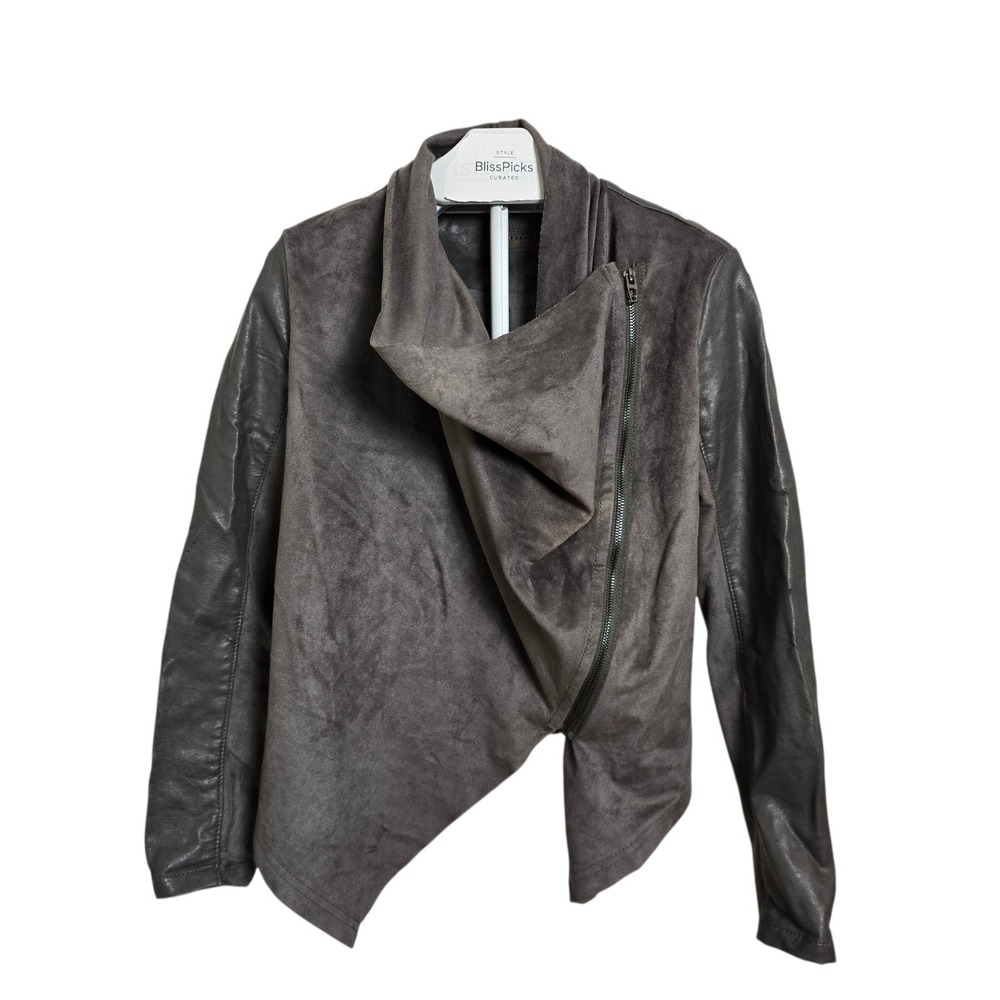 BlankNYC Drape Front Faux Leather‎ Moto Jacket Gray Distressed Zip S Streetwear